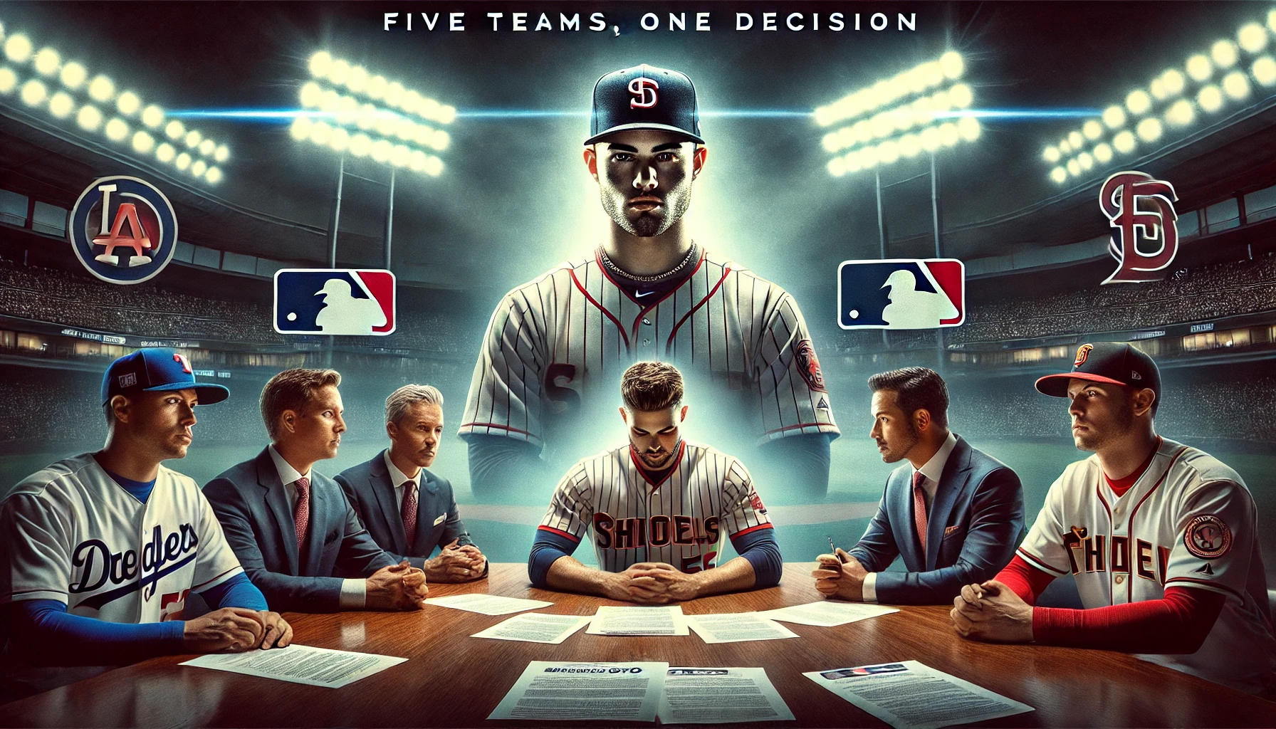 Illustration of a baseball player deciding between five team offers during MLB free agency