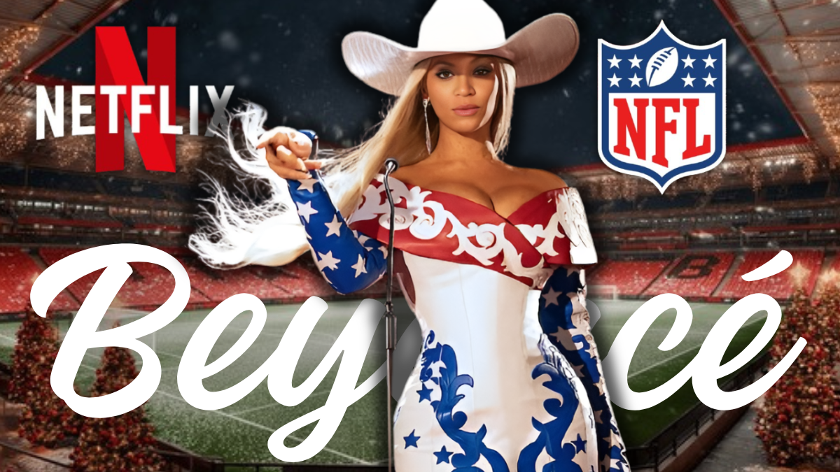 Beyoncé performing on stage during Netflix's first NFL Christmas games, wearing a stunning white outfit against a festive background.