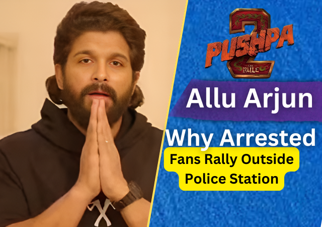 Fans gather outside police station after Allu Arjun’s arrest for Pushpa 2 incident.